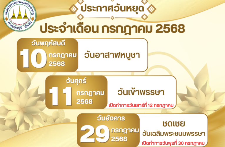 ประกาศวันหยุด ประจำเดือนกรกฎาคม 2568