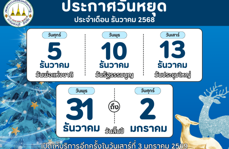 ประกาศวันหยุดประจำเดือนธันวาคม 2568